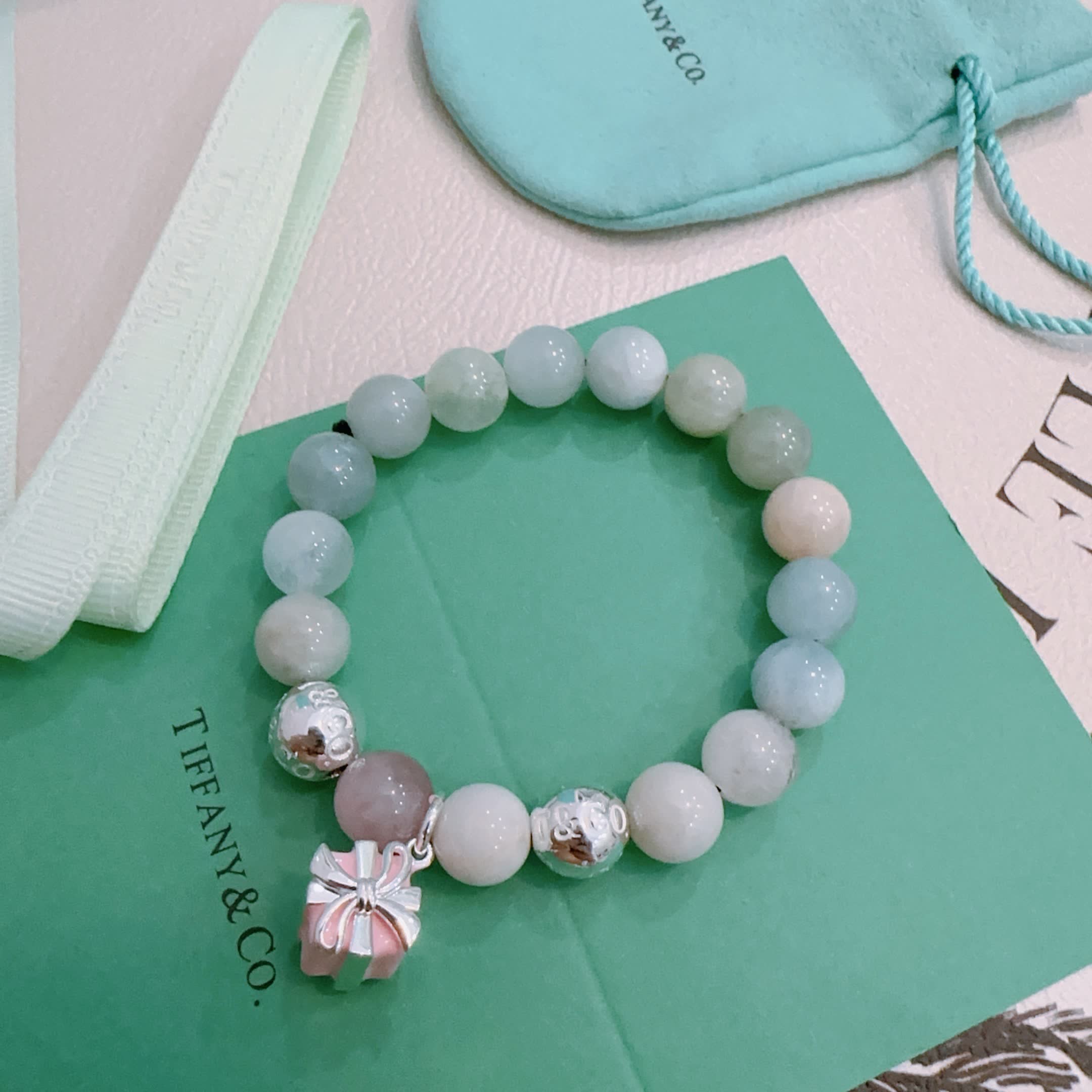 Tiffany & Co. Blue Agate Bead Bracelet with Sterling Silver Charms